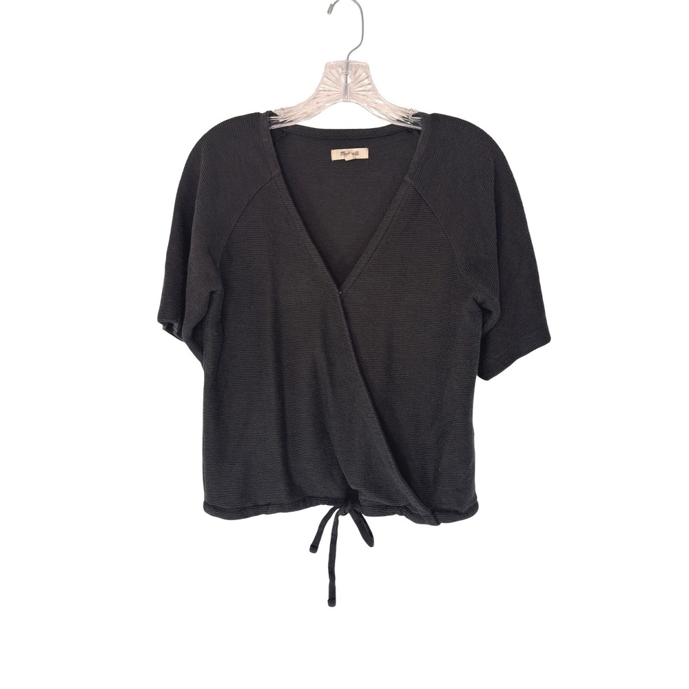 Madewell Drapey Ottoman Jacquard Wrap Top Black V-Neck Casual Basic Small